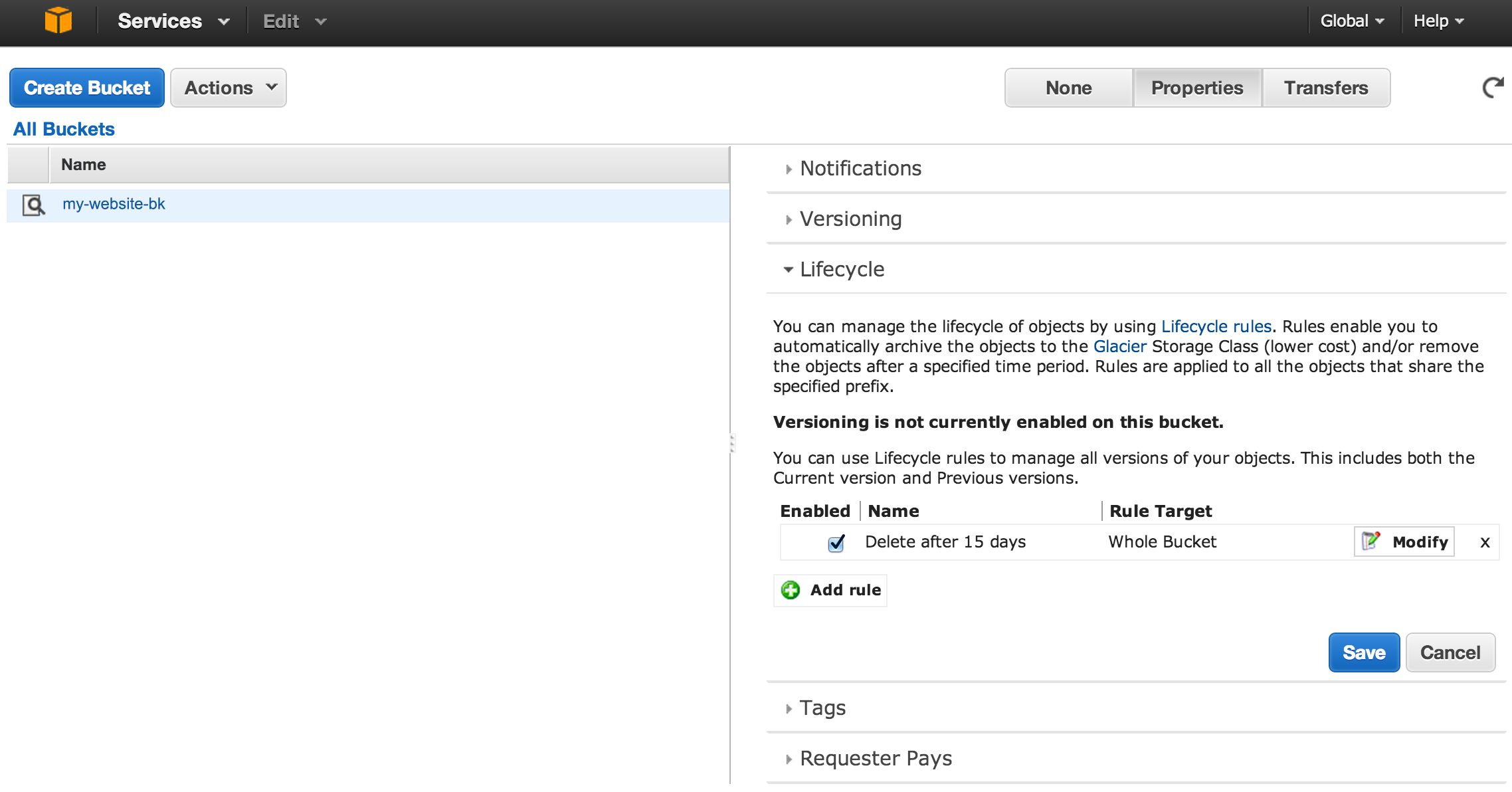Amazon S3 bucket Lifecycle Management rule settings
