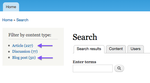 The content type facet showing Article, Blog post, and Discussion as separate filters