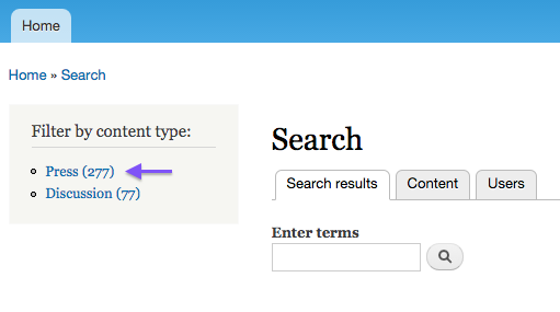 The content type facet now showing a single Press item instead of Article and Blog post