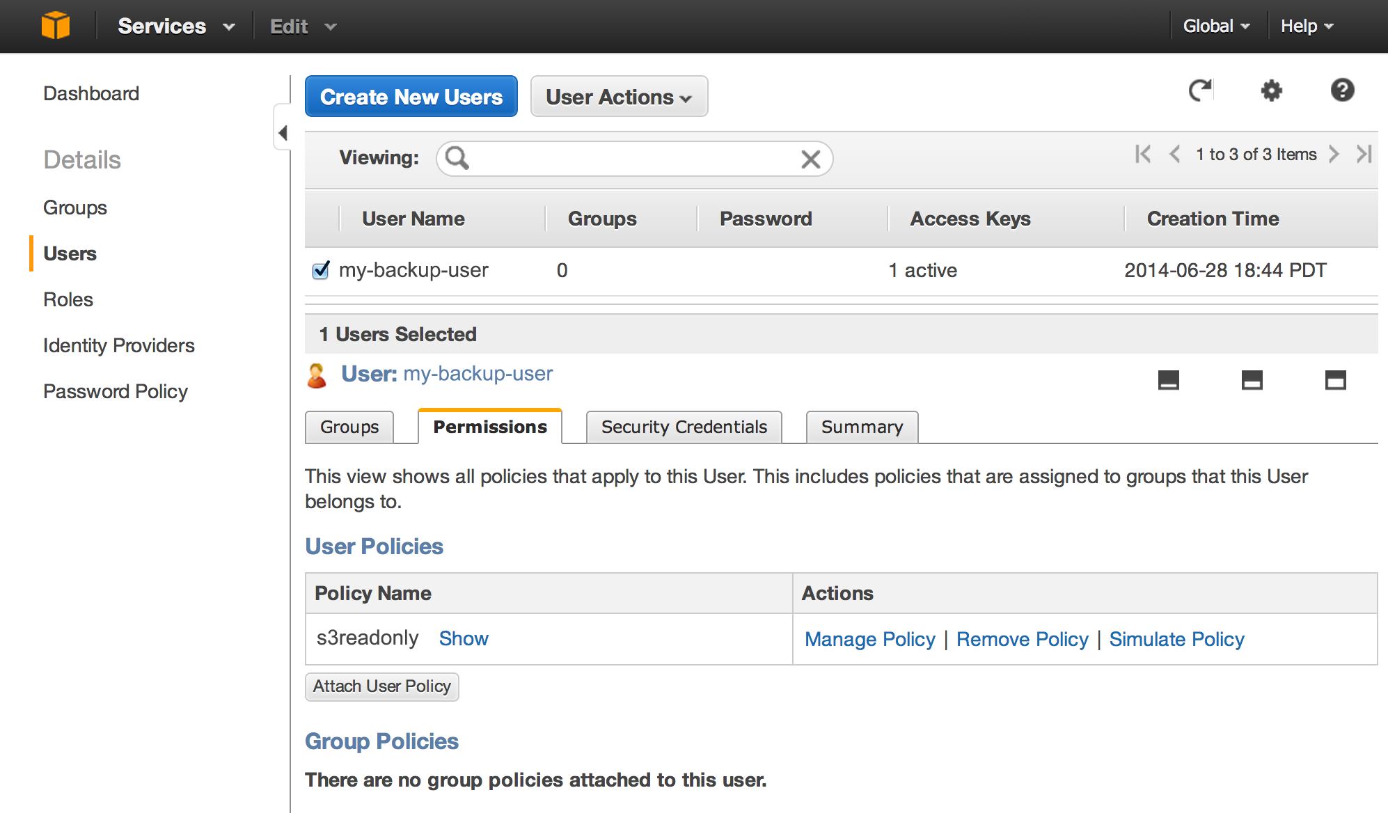 AWS IAM console showing the new user’s security credentials