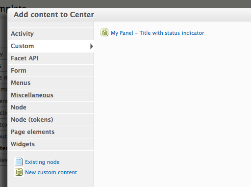The custom Panels content type listed under the Custom category when adding content