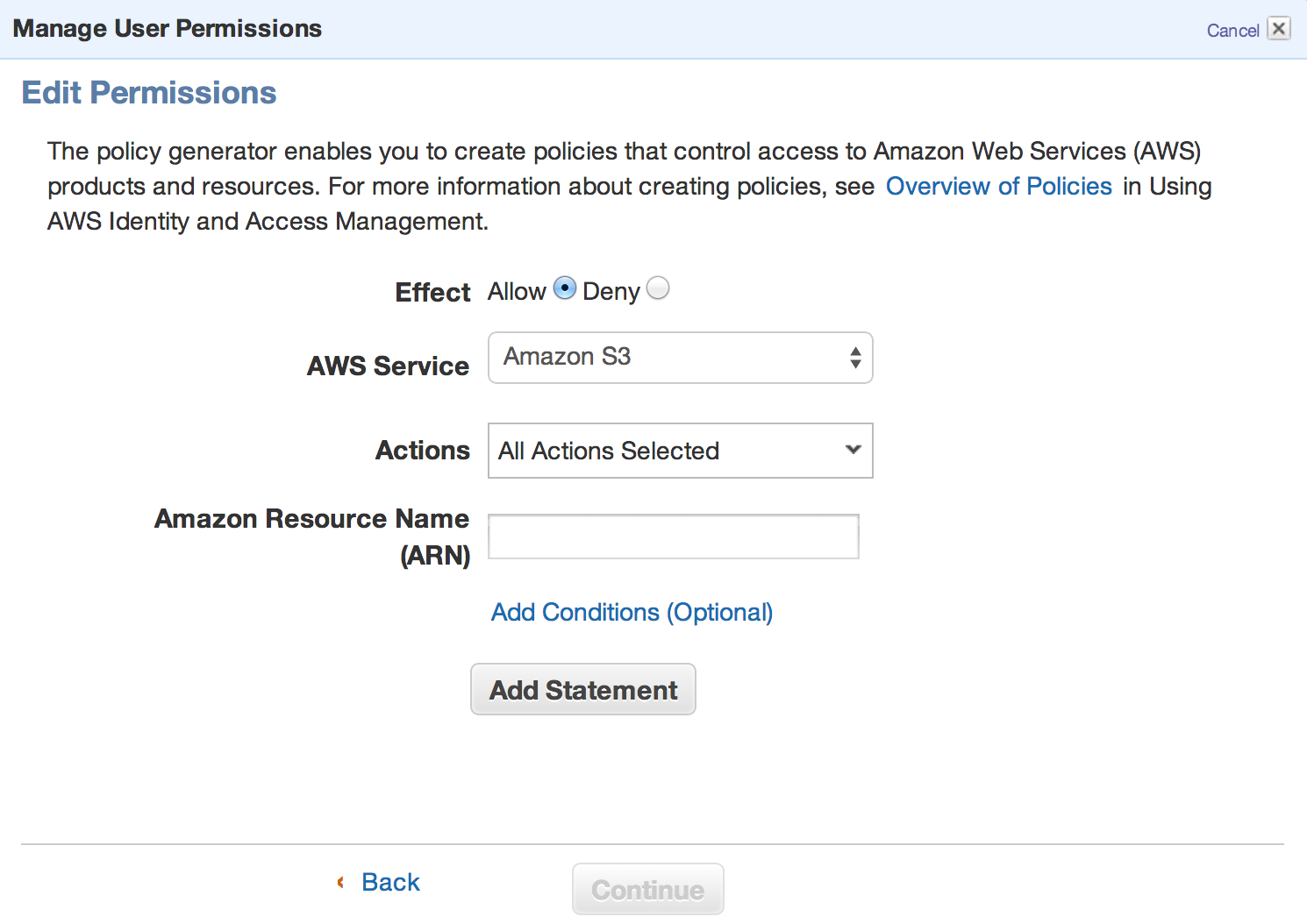IAM Policy Generator form for setting the user’s S3 permissions