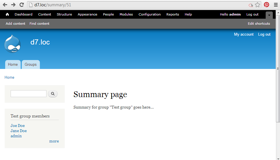 The summary page now showing the group user list block after enabling the context provider
