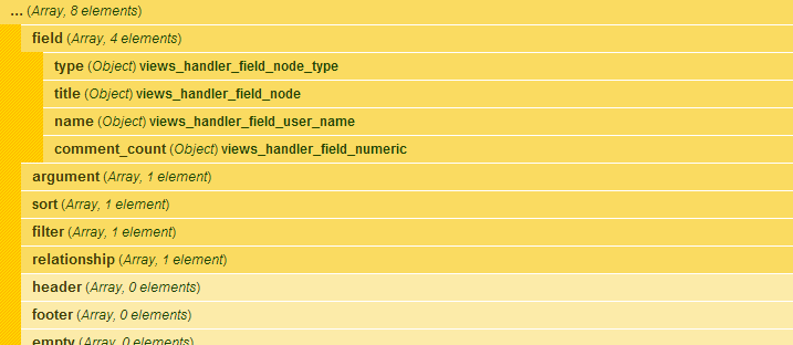 Devel’s dsm() output showing the view’s field handlers