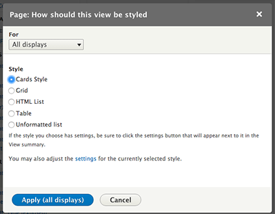 The Views UI option to select between displaying fields or rendered content
