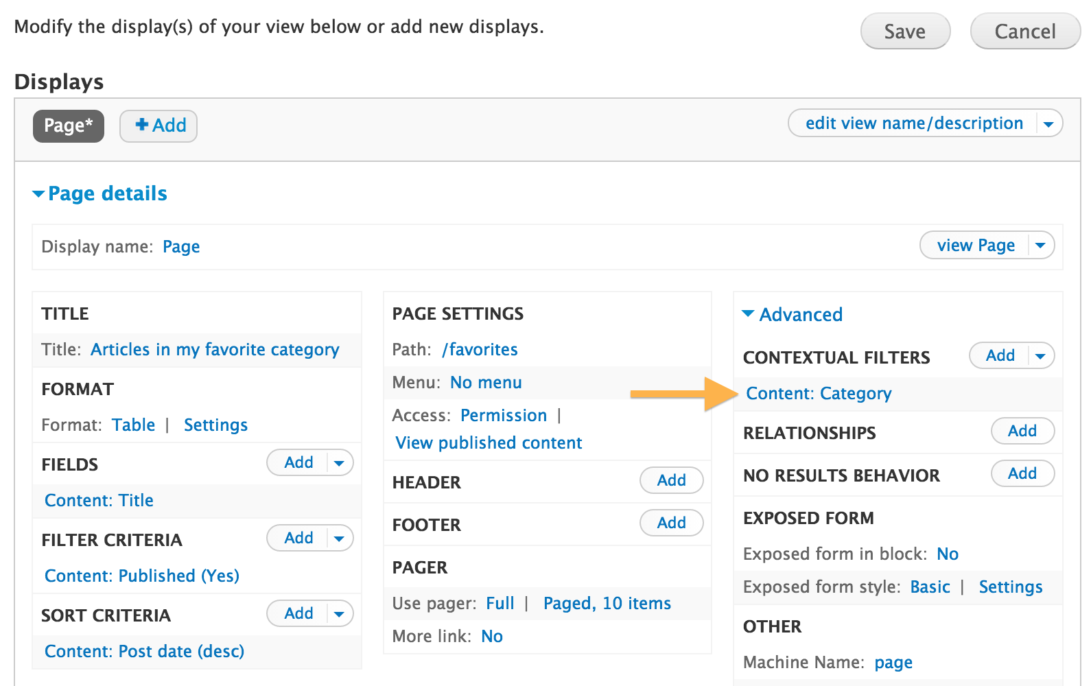 Adding a contextual filter for the category field in the view