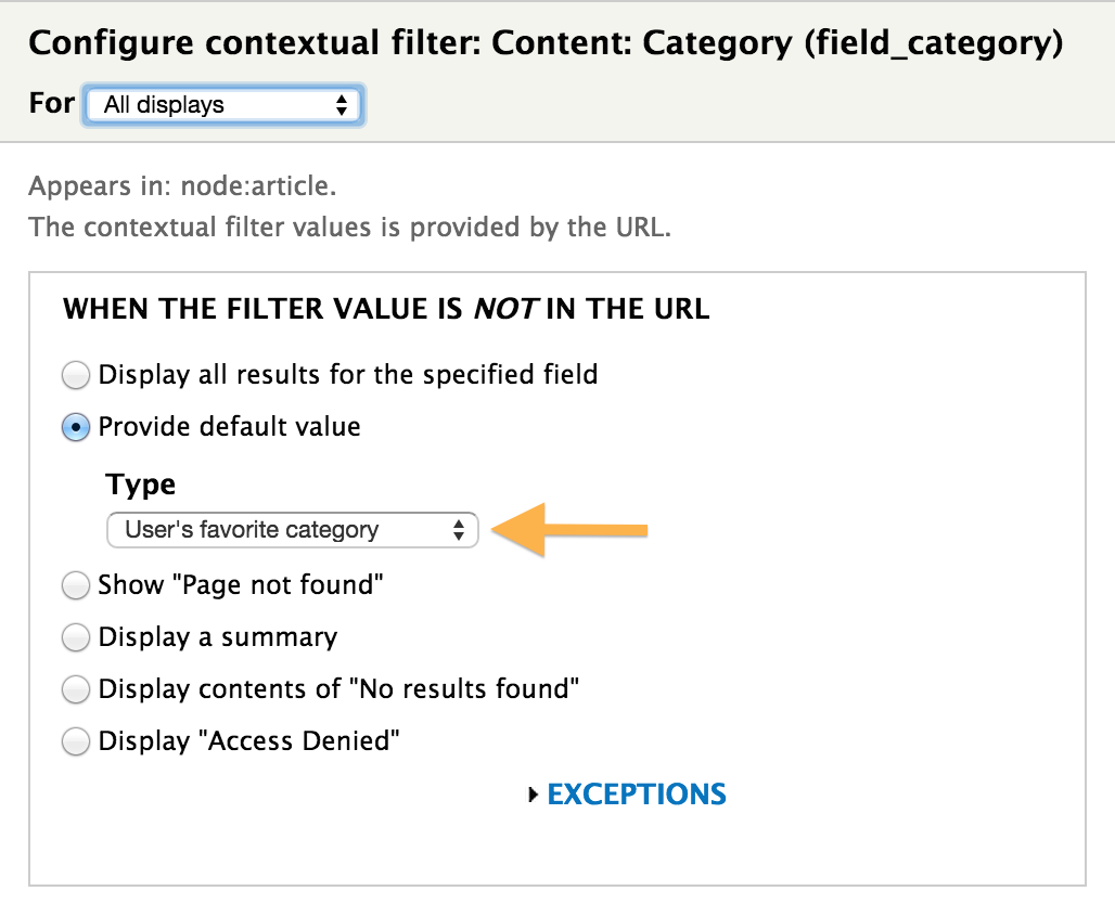 The custom argument default plugin selected as the contextual filter’s default value provider
